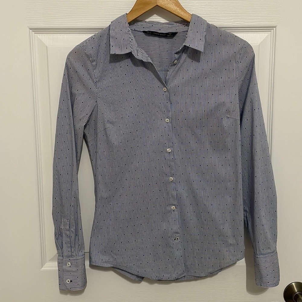 Zara Fitted Poplin Stripped Blue Shirt w/ Polka Dots